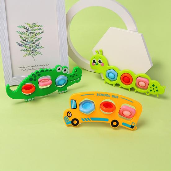 3Pcs Stress Relief Push Bubble Toy Toddlers Fine Motors Skills Cartoon Caterpillar Crocodile School Bus Flipping Bubble Sensory Fidget Toy Travel