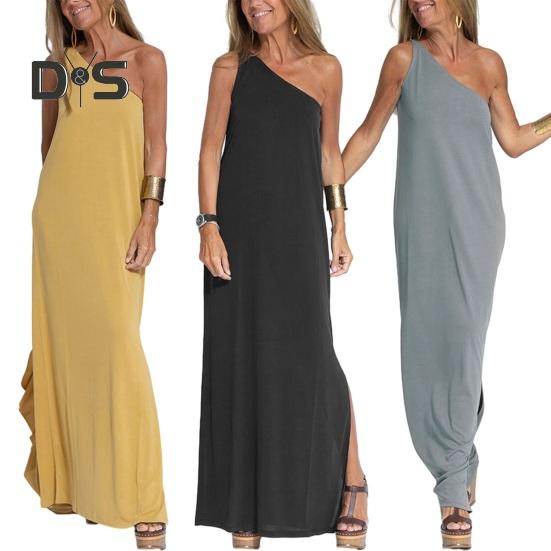Kvinner Maxikjole En skulder Ermeløs Ryggløs Ensfarge Løs Myk Skrå Hals Side Delt Full Lengde Sommerferiekjole