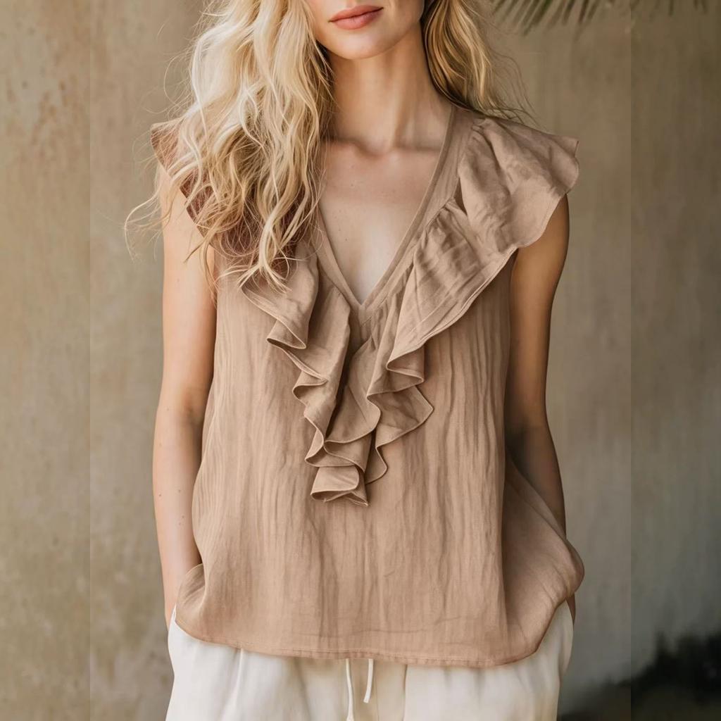 Women Sleeveless Linen Top V Neck Ruffle Trim Blouse Casual Lightweight Summer Shirt for Daily Wear