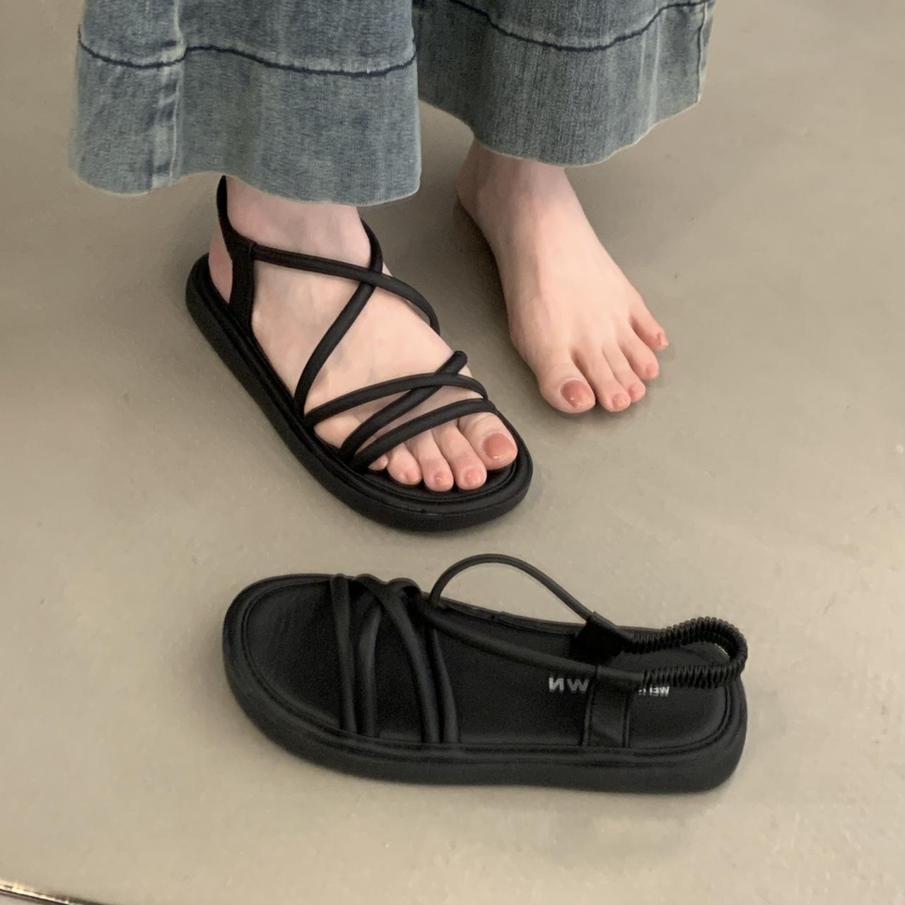 

Roman sandals women s 2025 new summer wear with skirt casual Internet celebrity fairy style versatile flat beach 40 чёрный