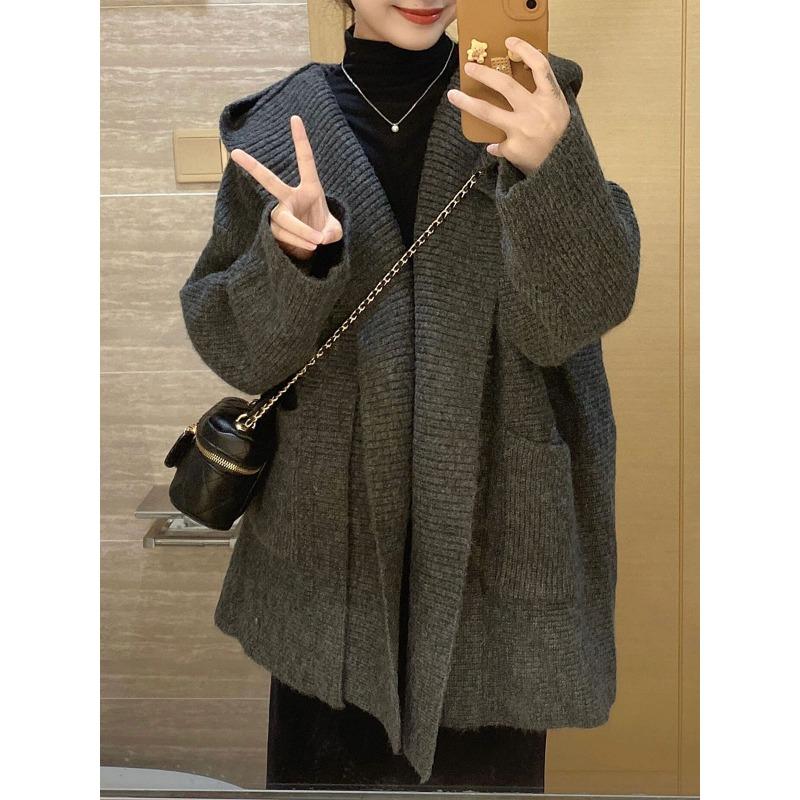 

Autumn and winter new loose woolen coat coat women s hooded thickened pocket knitted cardigan women one size fits all чёрный