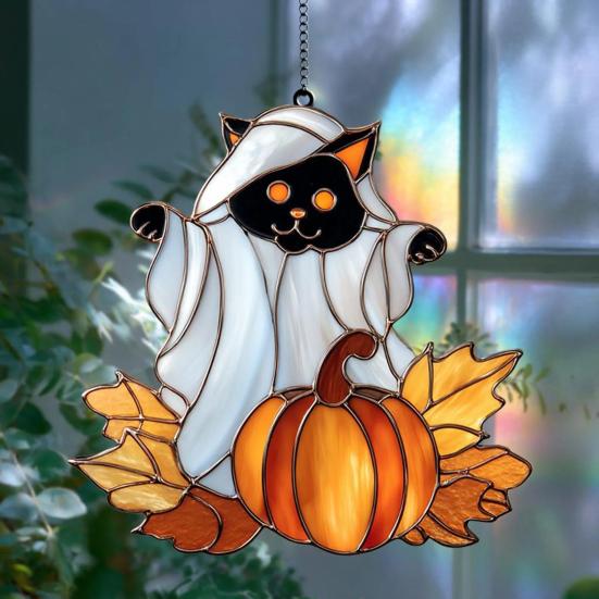 Halloween Ghost Suncatcher Colorful Dog/Cat Pattern Window Hanging Ornament with Pumpkin 2D Acrylic Suncatcher for Halloweens Decor