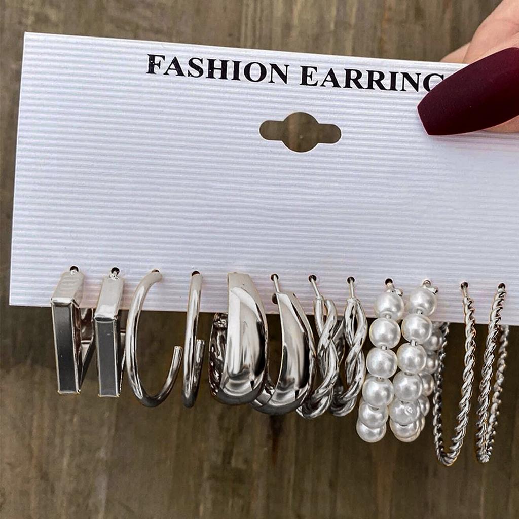 6/24 Pairs Gold Color Vintage Hoop Earrings Set for Women Girl Imitation Pearl Geometric Metal Twist Earring Fashion Jewelry