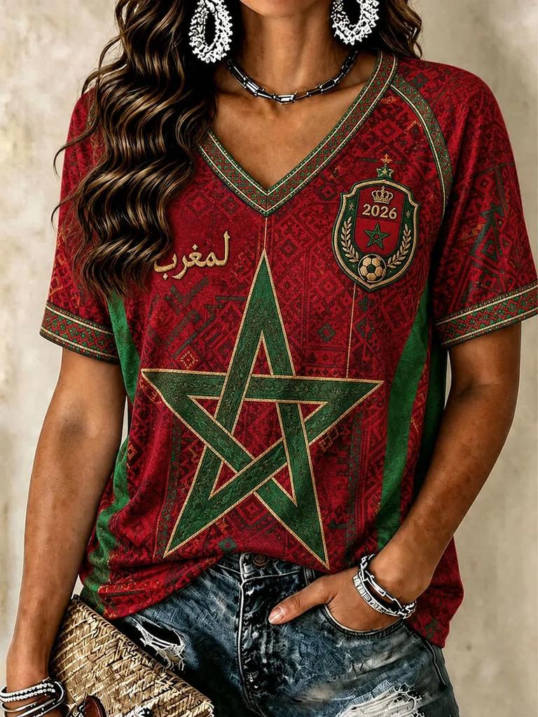 2026 Morocco National Team Red Football T-Shirt, Women's Men V-Neck Sportswear with Script & Star Motif  2026 New Colthing