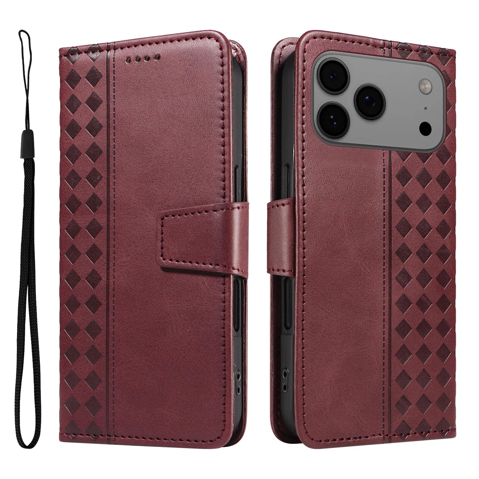 

For iPhone 17 Pro Max Leather Case Wallet Stand Grids Imprinted Phone Cover with Strap Wine Red