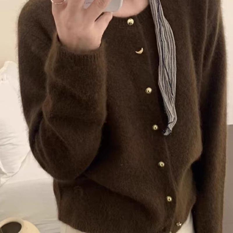 

Love button raccoon hair knitted cardigan women s autumn new crew neck versatile sweater One size