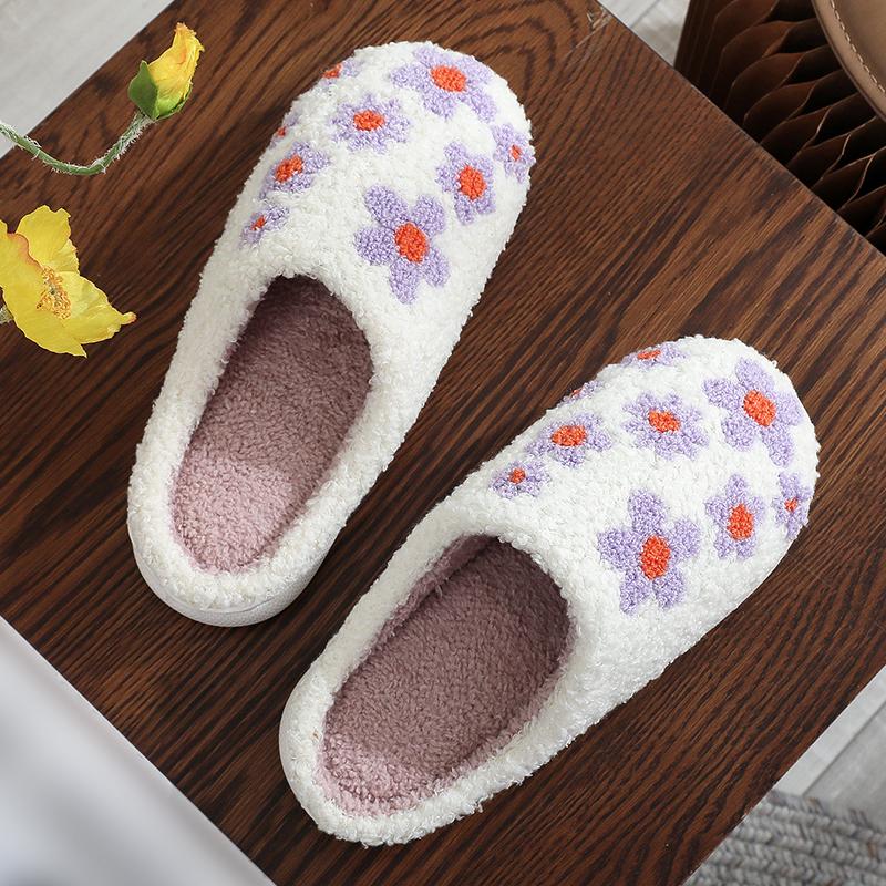 Fashion Winter Flower Cotton Slippers Women Soft Faux Fur Warm House Shoes Slipper Woman Non Slip Wear Resistant Plush Slides Lady