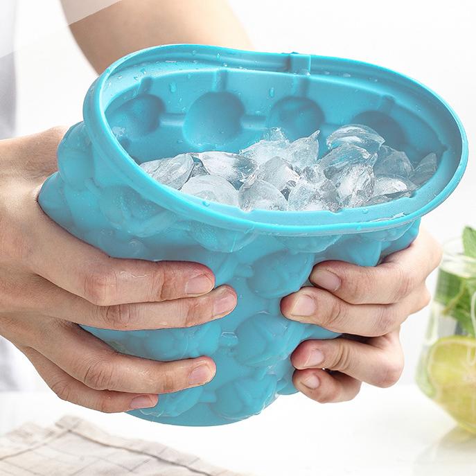 WTEMPO Secchiello per ghiaccio circolare in plastica per esterni con coperchio, bar, doppio strato, in silicone, per bevande alla frutta, secchiello per ghiaccio per birra