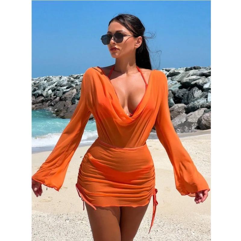 2025 Red 3 Pieces Set Swimsuit Women Thong Swimwear Sexy Matching Bikini Set Long Sleeve Dress Cover Up Beachwear Bathing Suit