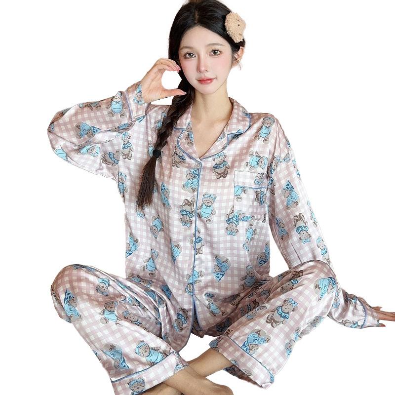 Ice Silk Pajamas Women'S Spring And Autumn Thin Bear Print Long-Sleeved Cute Loungewear Suit Outer Wear