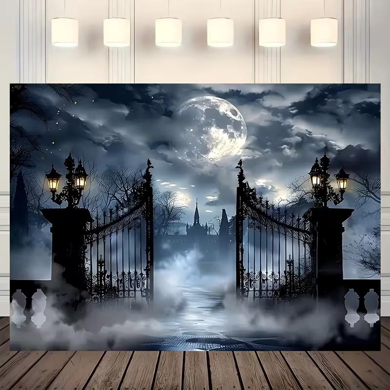 

2D Foggy Night Cemetery Gate Backdrop with Full Moon and Spooky Mansion Background 47.2x31.5inch/120*80cm