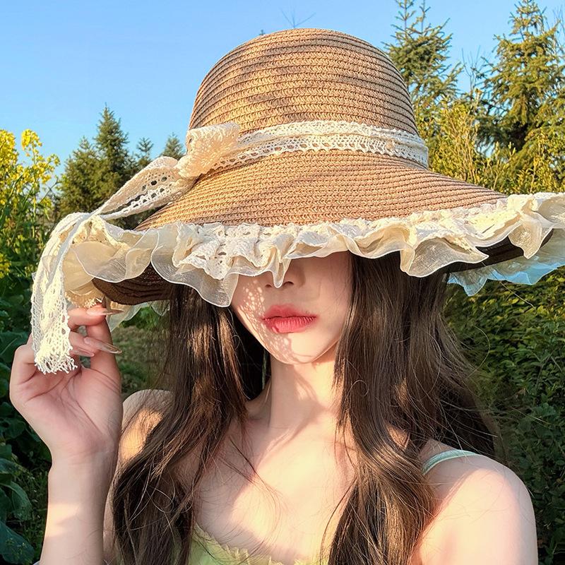 Lace Bowknot Sunshade Straw Hat for Women, Summer Country Style Wide Brim Sun Protection Hat for Travel, Vacation, and Beach
