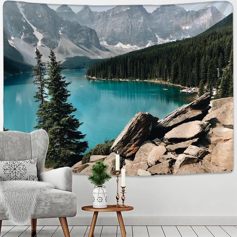 Blauer See Kiefernwald Wandteppich Heimdekoration Wandteppich Zuhause Schlafzimmer Wohnheim Nachttisch Dekoration Abstraktes Hintergrundtuch