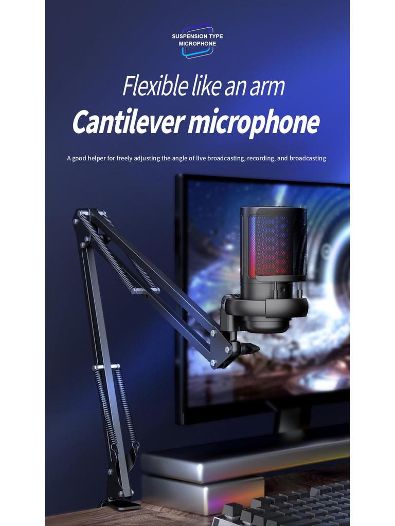 RGB Touch Button USB Condenser Microphone with Cantilever Stand for Gaming and Live Streaming