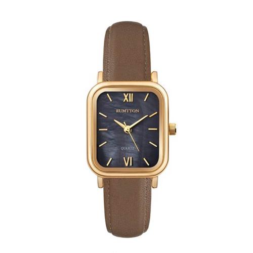 [RUMTTON] RUMTTON HARBOR Black Mother-of-Pearl Brown Band Leather Wristwatch Gold __