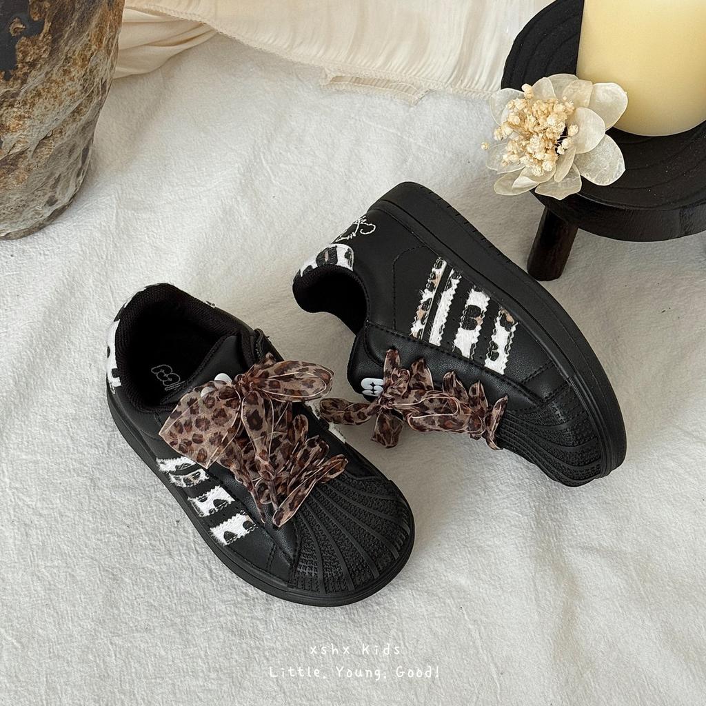 XSHX Leopardenmuster Schalen-Schuhe | Mädchen Herbst Klettverschluss Tasche Kopf Gummi rutschfeste Laufsohle stabil und retro süß