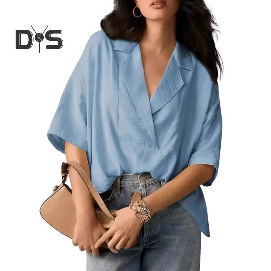 

Женская рубашка свободного кроя с отворотами и короткими рукавами, однотонный пуловер, топы в стиле ретро, повседневные топы на каждый день S небесно-голубой
