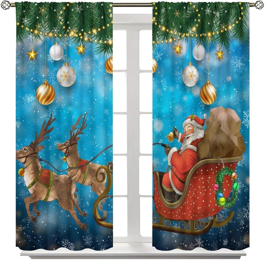 Christmas Curtain Funny Anta Claus Riding Sleigh Delivering Present Ball Winter Print Drapes Bedroom Party Decor For Made Of Polyester