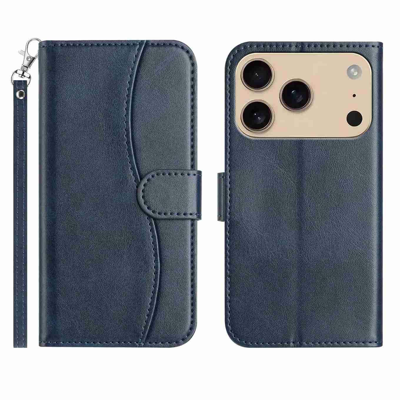 

Stand Case for iPhone 17 Pro PU Leather Wallet Phone Cover S Shape Stitching Design with Strap Navy Blue