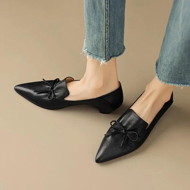 Office Lady Elegant Black Shoes Women's Pointed Toe Mid Heels 2026 New Genuine Leather Retro Pumps