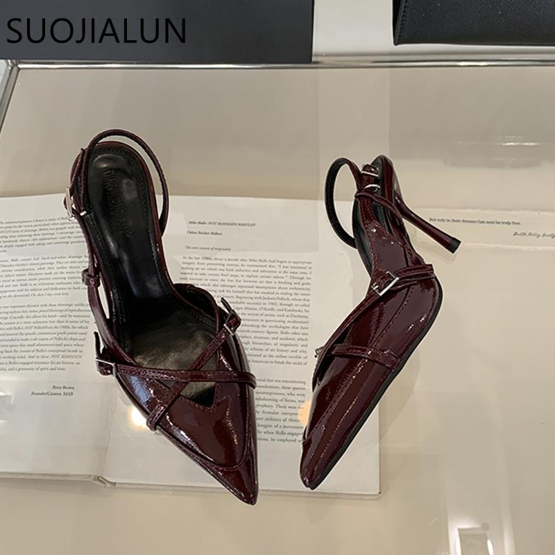 Fashion SUOJIALUN New Brand Women Sandal Shoes Fashion Pointed Toe Shallow Slip On Slingback Shoes Thin High Heel Outdoor Dress Pumps