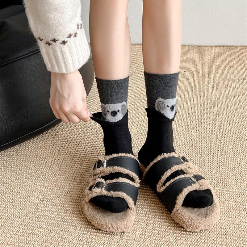 Flocked Cartoon Animal Socks Autumn Mid-Leg Socks Splicing Fake Two-Piece Stacked Socks Gray Socks