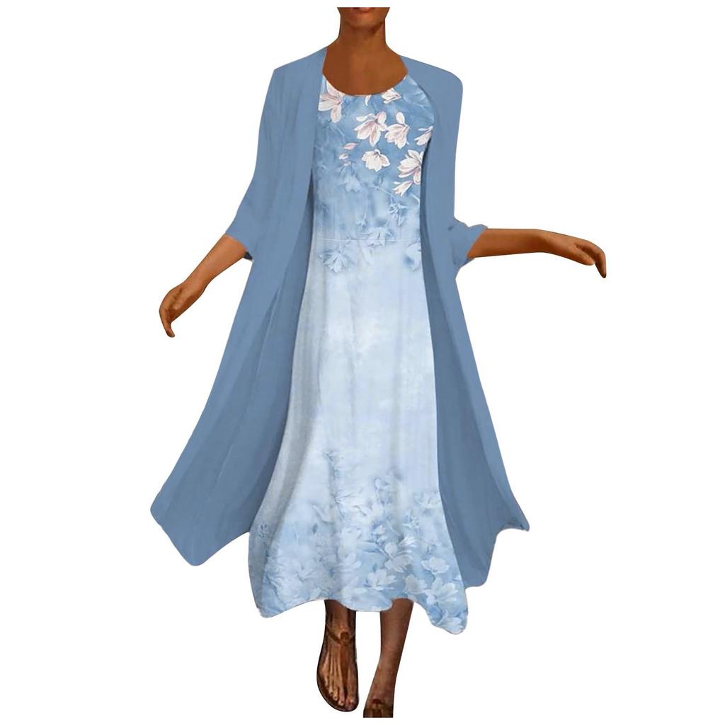 Zweiteiliges Set-Kleid für Damen, lässig, modisch, bedruckt, O/Ausschnitt, mittellang, Länge