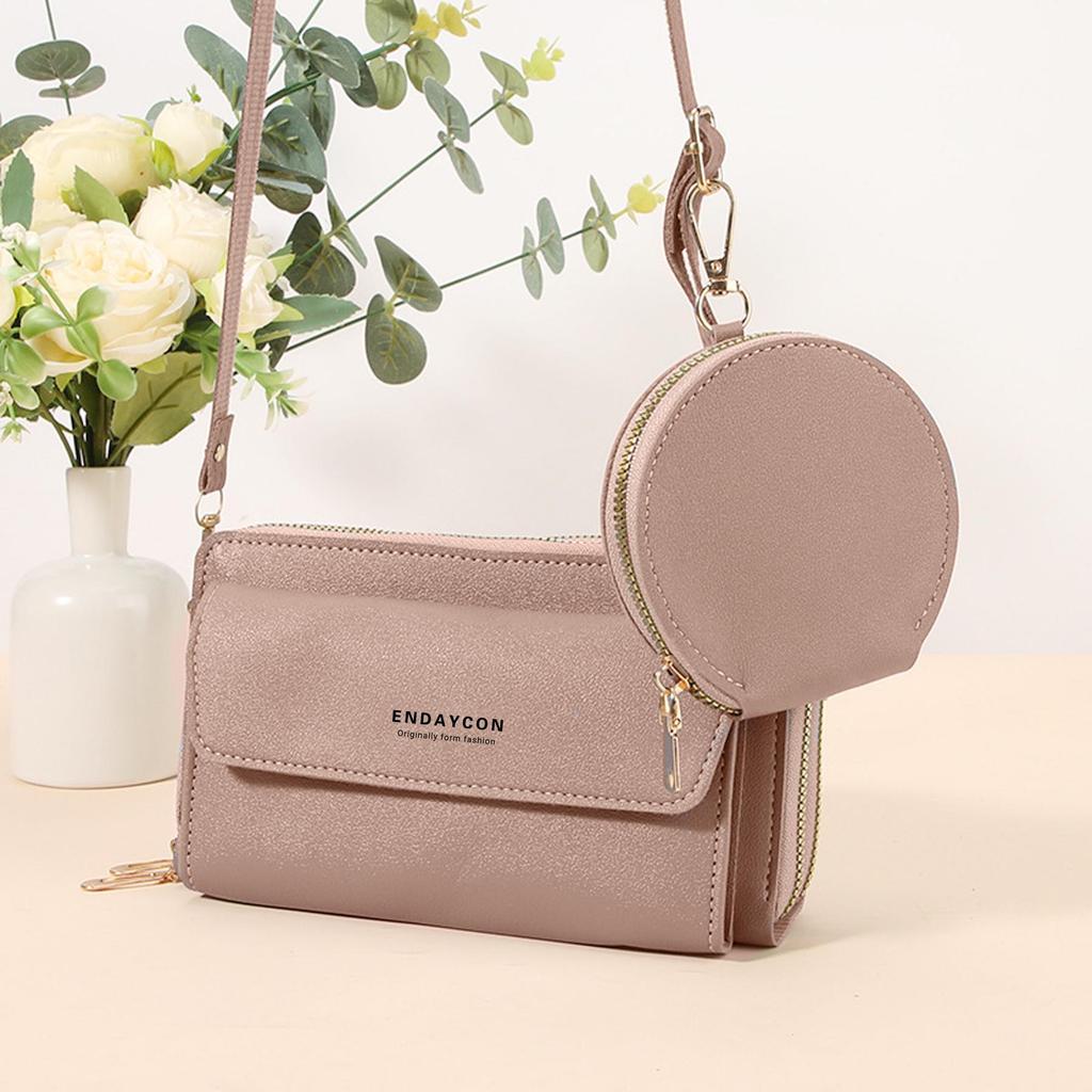 Women's Crossbody Mobile Phone Bag & Long Wallet with Double Zipper - Korean Style Shoulder Bag
