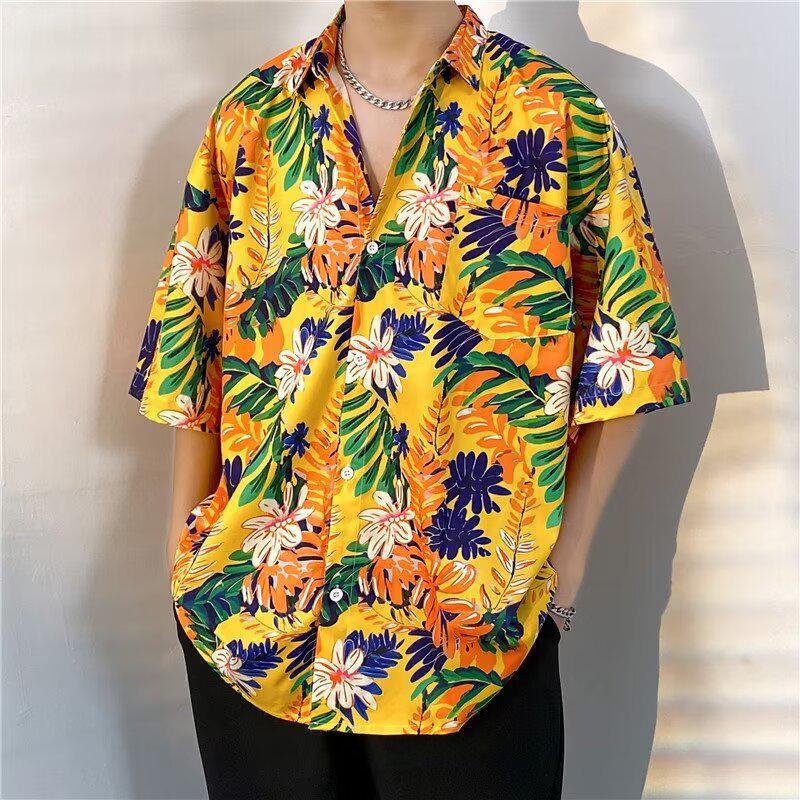 Herren Floral Retro Strandhemd - Kurzarm, Lockerer Schnitt, Trendiger Hongkong-Stil