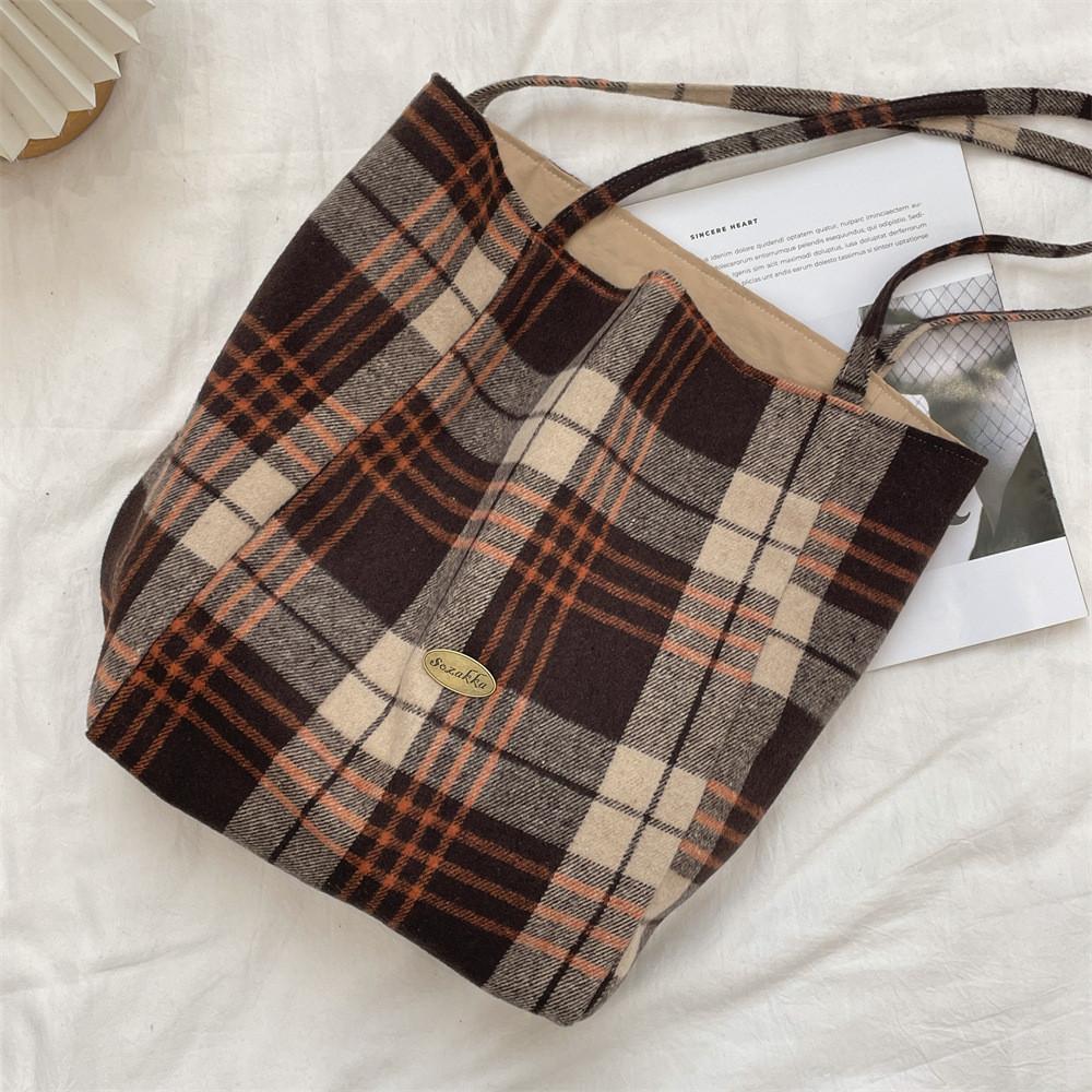 Vintage Plaid Woolen Tote Bag In Yellow Check And Brown Check With Spacious Design For Daily Use