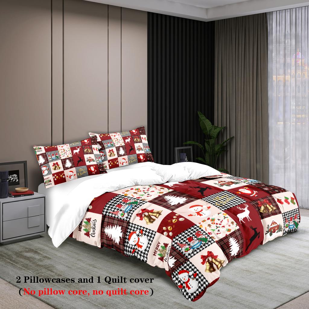 3-teiliges Bettwäscheset mit fröhlichem Weihnachtsmotiv, Muster mit Weihnachtsbäumen und Hirschen, 1*Bettbezug+2*Kissenbezug, ein Weihnachtsgeschenk