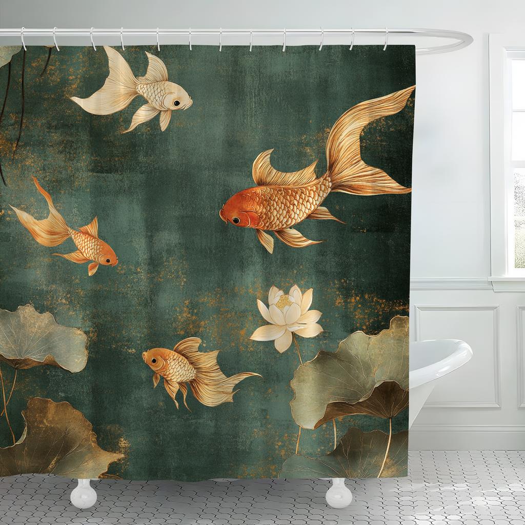 1pc Vintage Goldfish and Lotus Shower Curtain - Polyester with Hook Bathroom Decor, Home Accessories for All Seasons