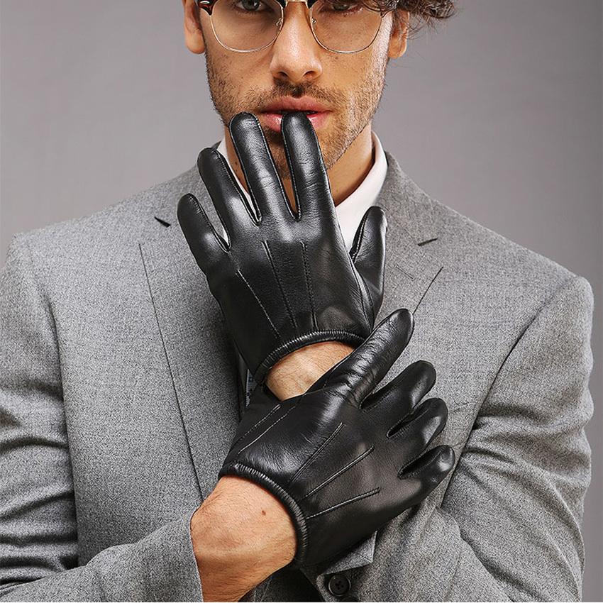 Luvas Masculinas de Couro Genuíno Moda Casual Luva de Pele de Ovelha Preto Marrom Cinco Dedos Estilo Curto Luvas Masculinas para Dirigir M017PQ2