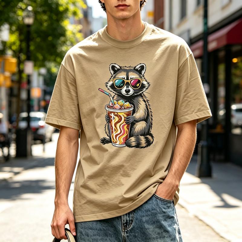 American Cartoon Pop Art Cool Raccoon Sunglasses Iced Coffee Graphic Crew Neck T Shirt Unisex Unisex Unisex Cotton Short Sleeve Top