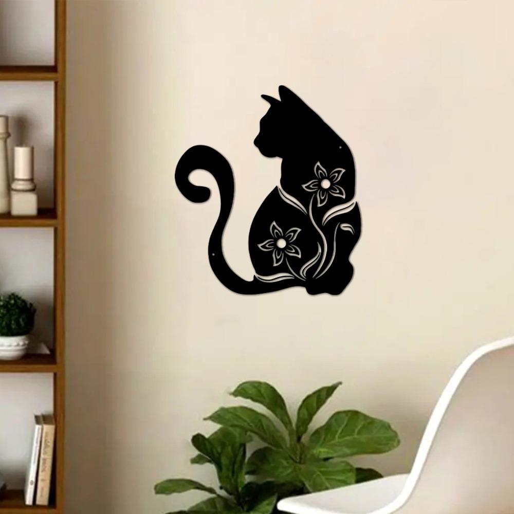 1pc Black Cat Metal Wall Art Floral Accents Home Decor 15.74 Inch for Living Room Bedroom Kitchen Outdoor Cat Decoration