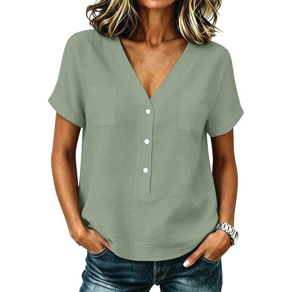 Women Casual V Neck Button Front Top with Pocket Short Sleeve Relaxed Fit Blouse Lightweight Comfortable Fabric