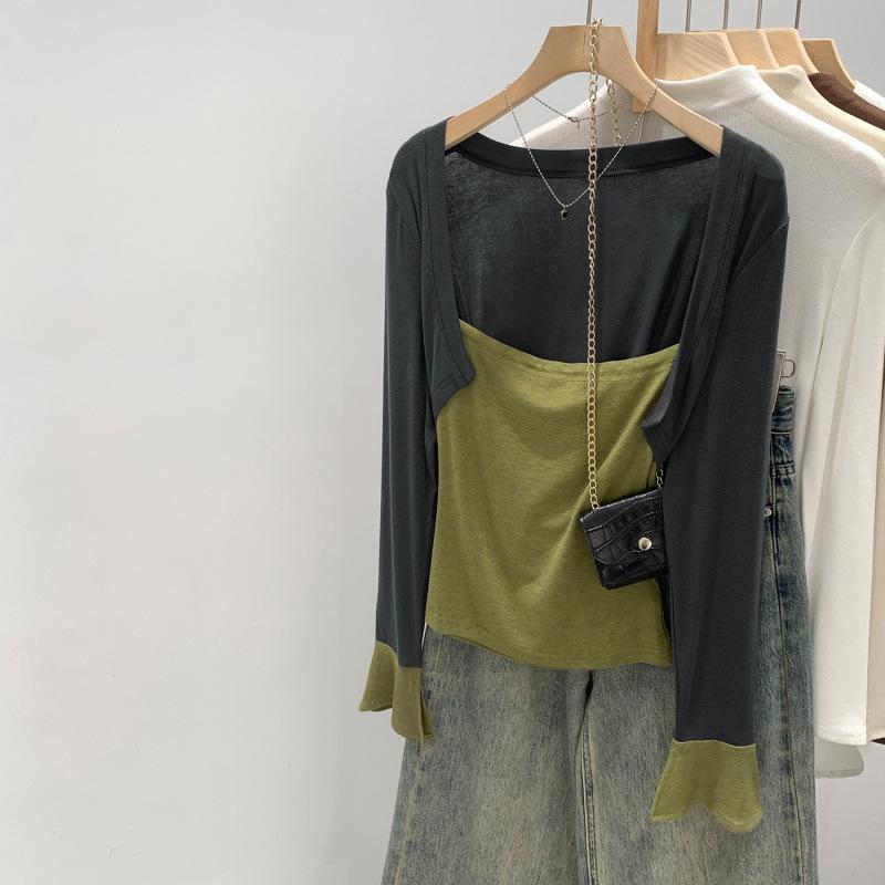 Women's Lyocell Tencel Patchwork Long Sleeve Waist-Cinching Top (Spring 2026 Collection)