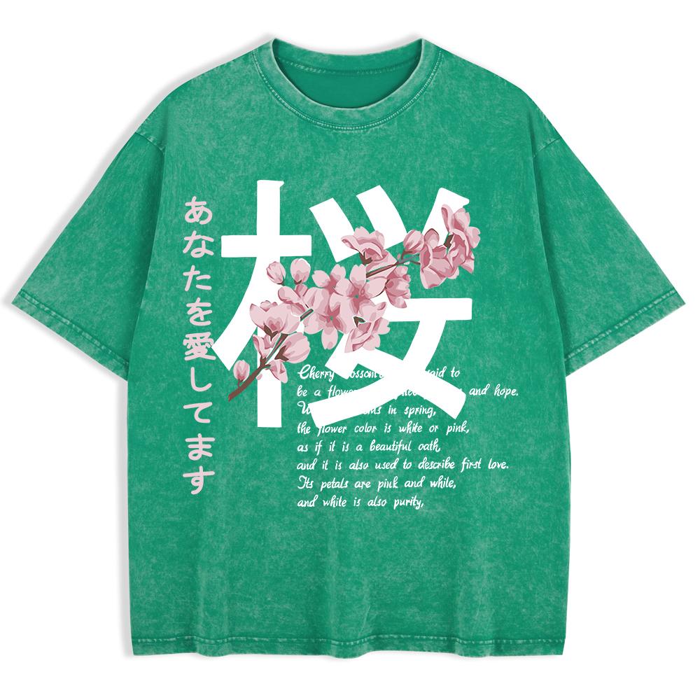 Japan Kirschblüten Aufdruck Gewaschene T-Shirts Herren Baumwolle Kurzarm Oberteile Sommer Rundhals Oversize T-Shirts Basic Kleidung