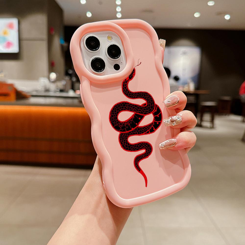 N73 Schwarzgold Schlangendesign Macaron Wellenrand Handyhüllen für iPhone 16 Pro Max Samsung S24 S23 Ultra A35 A54 A55 Xiaomi Redmi Note13 Stoßfeste Hülle