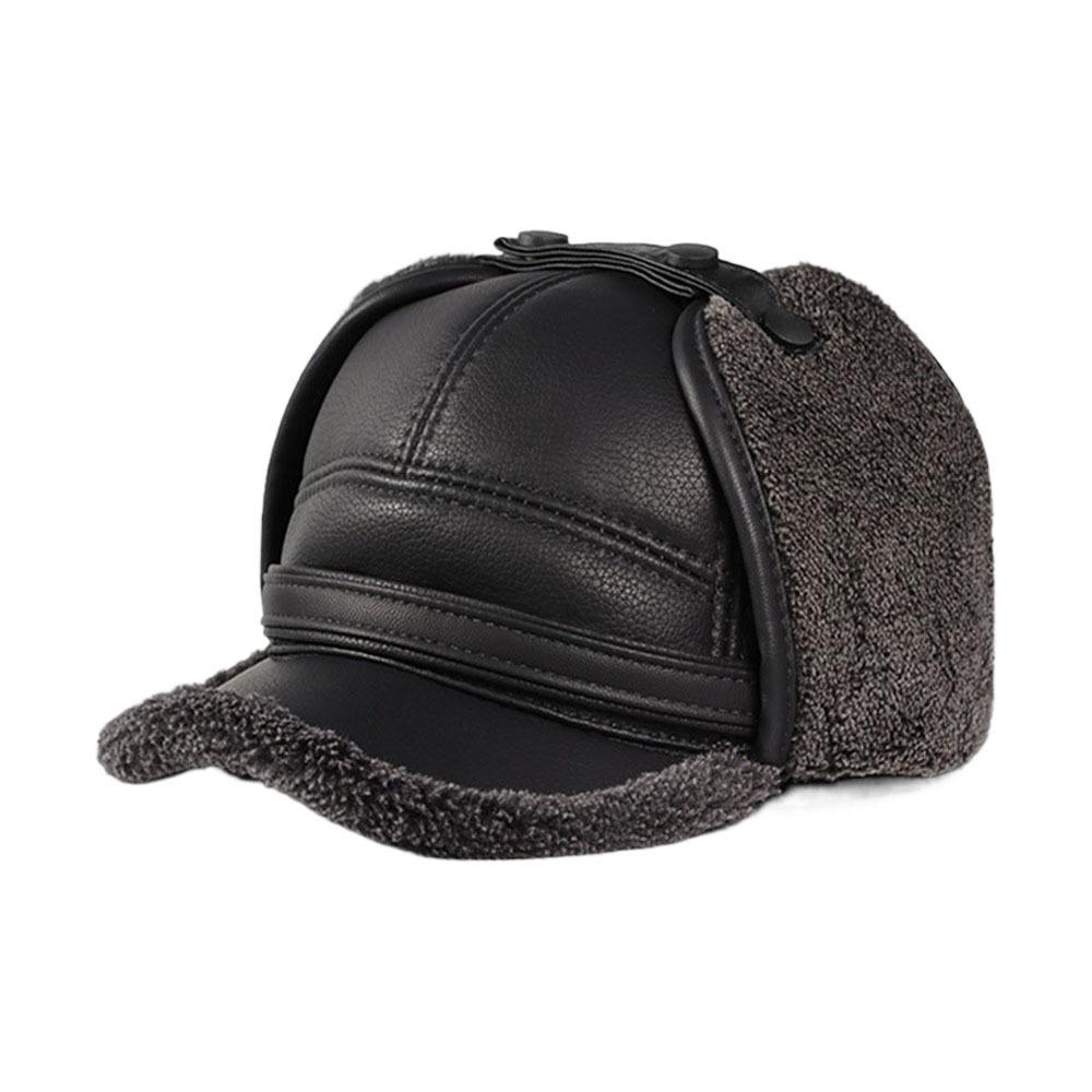 High Quality PU Leather Men's Earmuffs Cap Windproof Thickened Baseball Cap Outdoor Warm Ear Protection Hat Autumn Winter