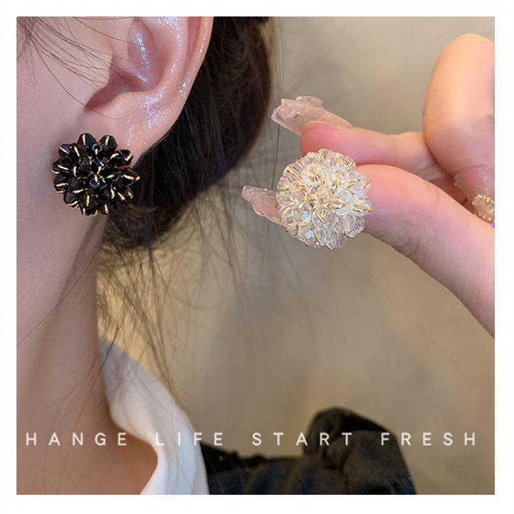 Silver needle handmade ice-through colorful flower stud earrings, sweet design crystal earrings Internet celebrity earrings