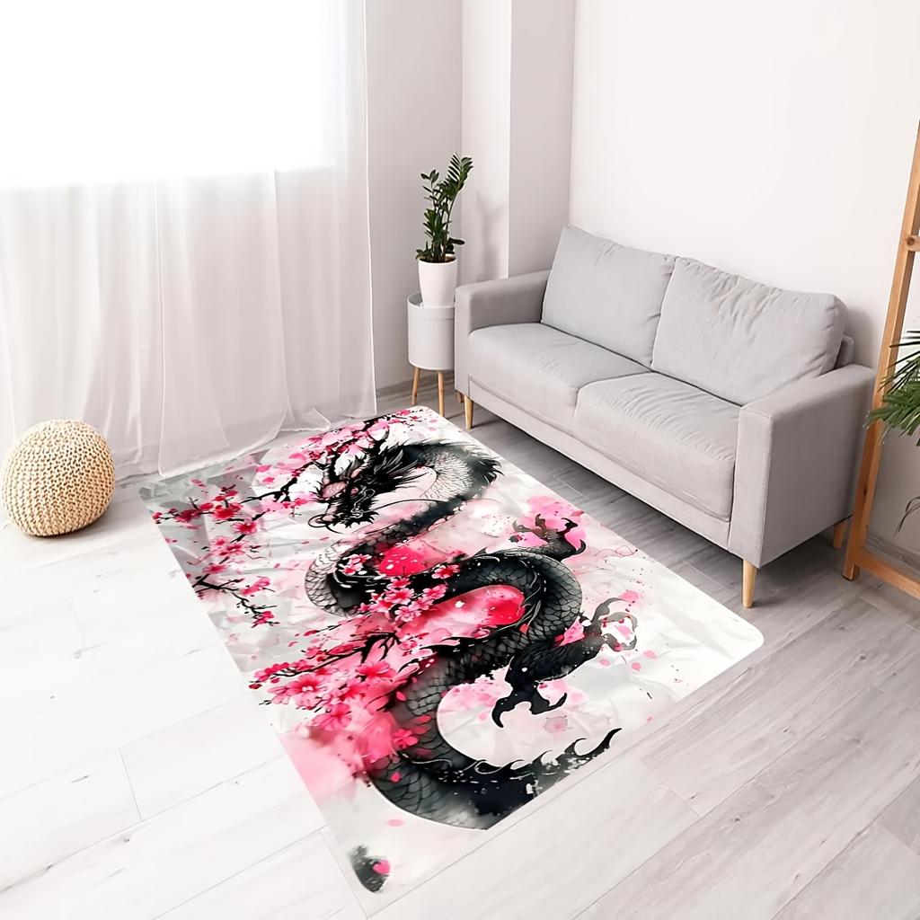 Cherry Blossom Dragon Rug Velvet Flannel Printed Floor Mat Asian Art Design Decorative Carpet Living Room Home Decor