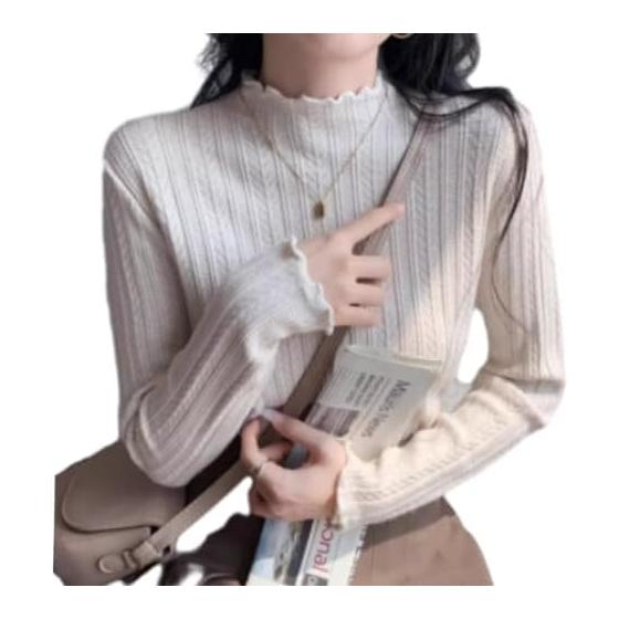 [JLBOCMGT] Women s Ribbed Knit Sweater, Ruffles, High Neck, Knit and Sew, Cut and Sew Top, Knit, Vertical Rib, Slimming, Soft, High Stretch, Thin,