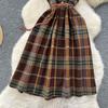 Vintage Tweed Plaid Tank Dress for Women Autumn Winter Sleeveless V-neck Single-breasted Woolen Dress with Belt