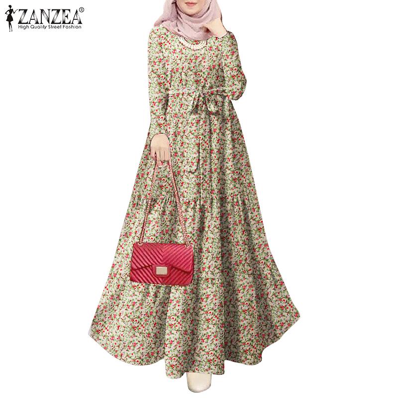 ZANZEA Women Casual Round Neck Loose Long Sleeve Floral Dress