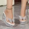 Women's Clear Transparent Platform Slippers,  Thick Curved Block Heels, Sparkly Rhinestone Summer Sexy Slip On Sandals