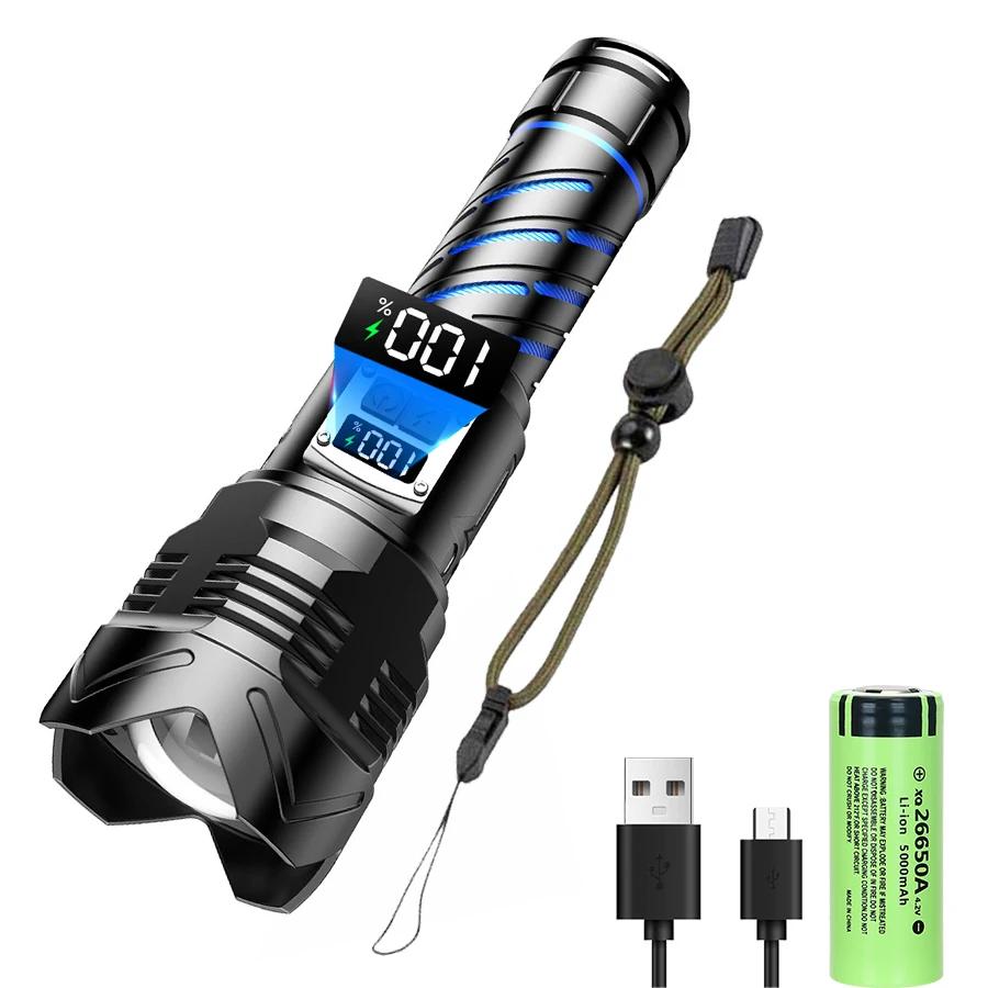Powerful 60W LED Flashlight USB Rechargeable Tactical 26650 Torch with Power Display Super Bright Long Range Camping Lantern