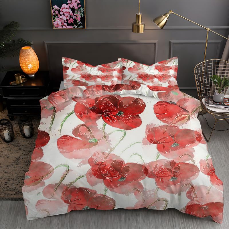 

Комплект постельного белья с цветочным рисунком, комплект из 3 предметов постельного белья с декоративным рисунком «Маленький красный весенний летний сад с цветами и маками» и 2 наволочками EU single(135x200cm)
