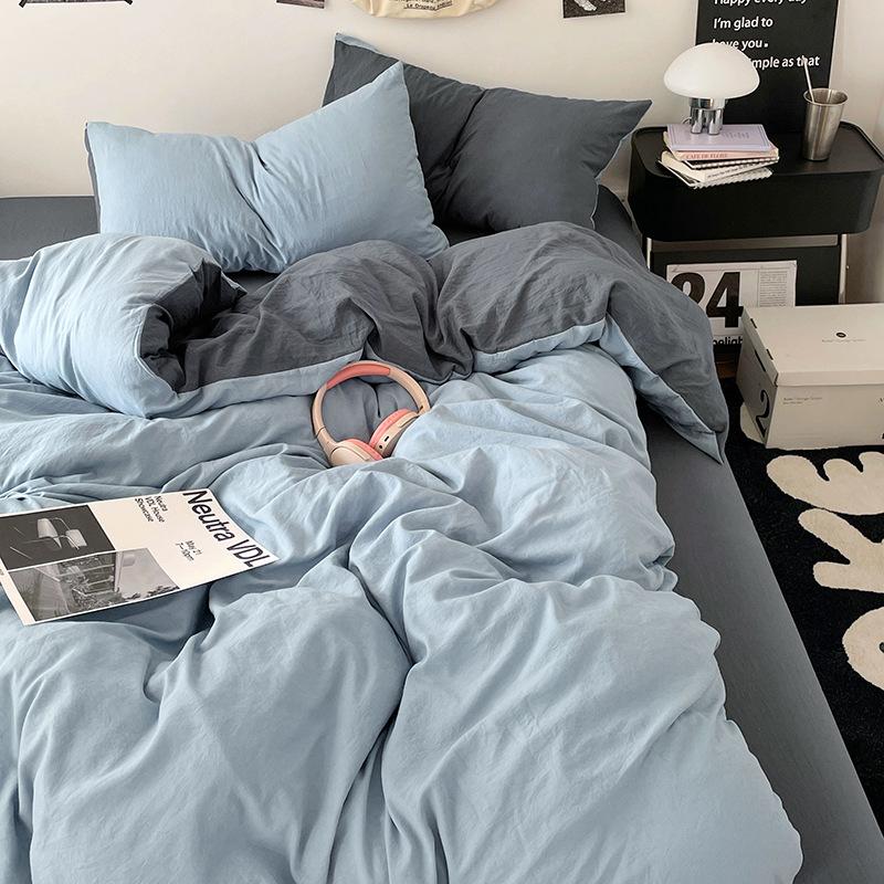Solid Color Pure Cotton 4-Pcs Set Class A Maternal Infant Grade Naked Sleeping Sheets Quilt Cover Washed Cotton Bedding 3-Pcs Set