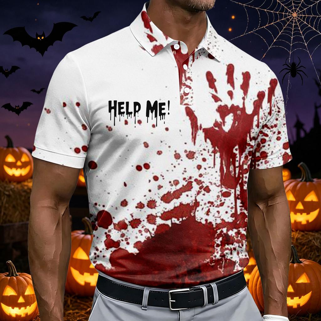 Men's Short Sleeve Halloween Themed Printed Polo Shirt with Handprint and Letter Pattern Casual Summer Top for Parties and Events